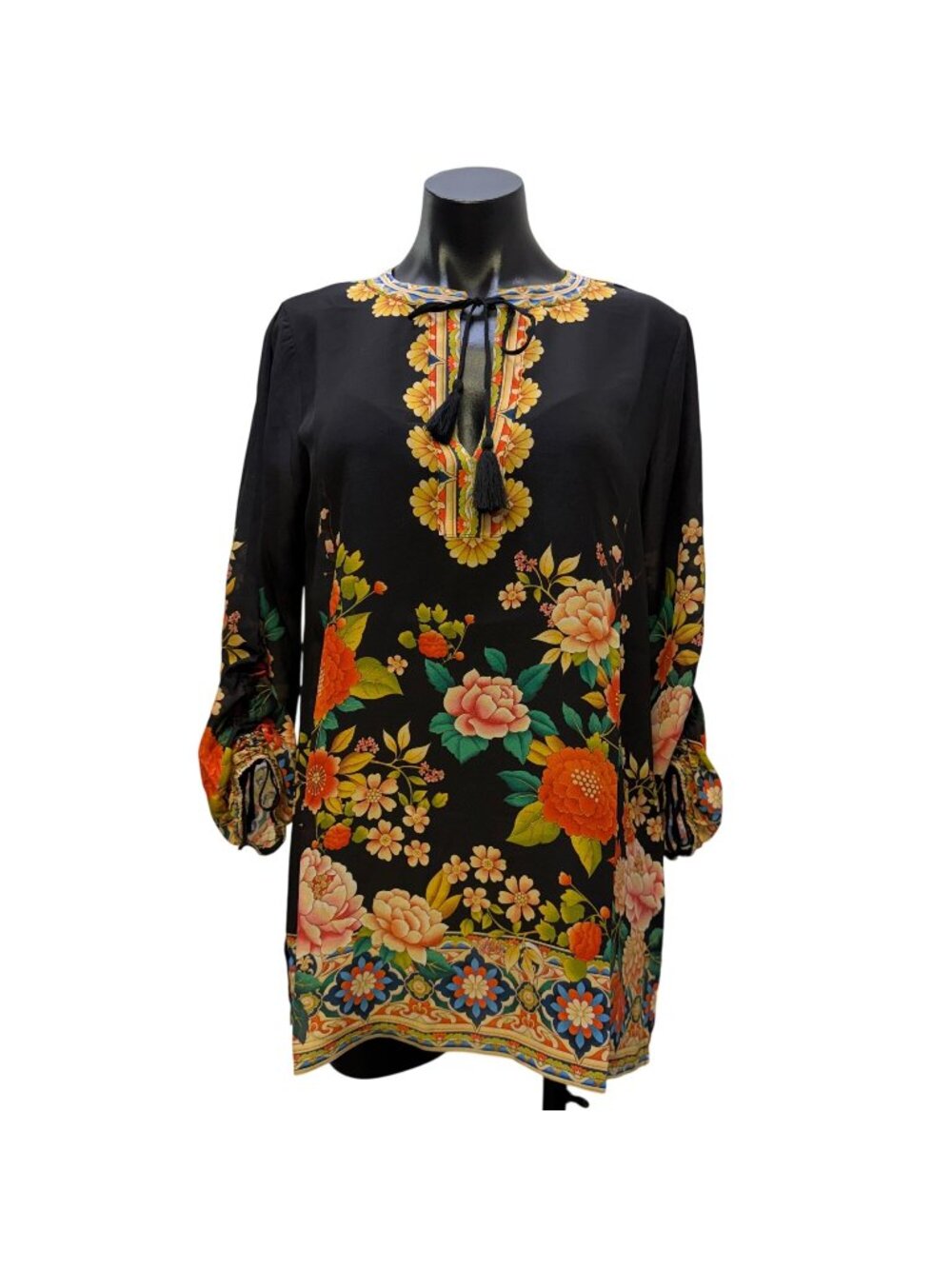 Johnny Was Blouse Black Silk Floral & Dragon Print XS
